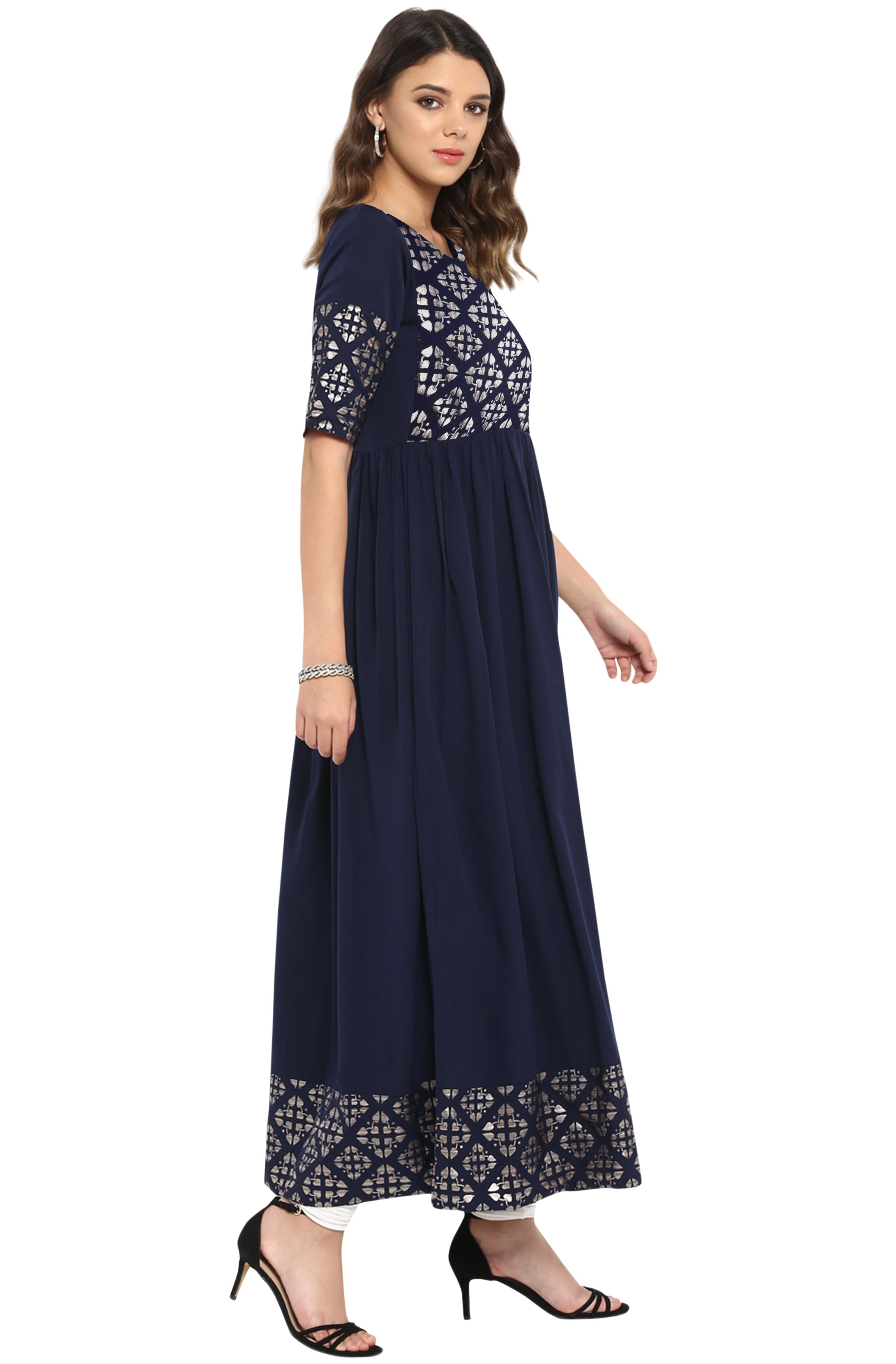Janasya Dark Blue Poly Crepe Foil Print Flared kurta