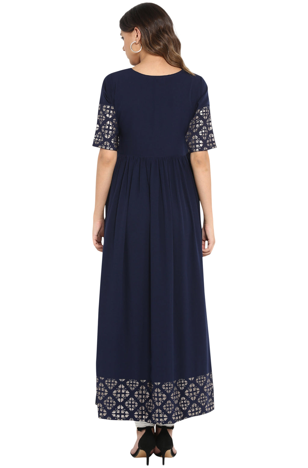 Janasya Dark Blue Poly Crepe Foil Print Flared kurta