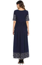 Janasya Dark Blue Poly Crepe Foil Print Flared kurta