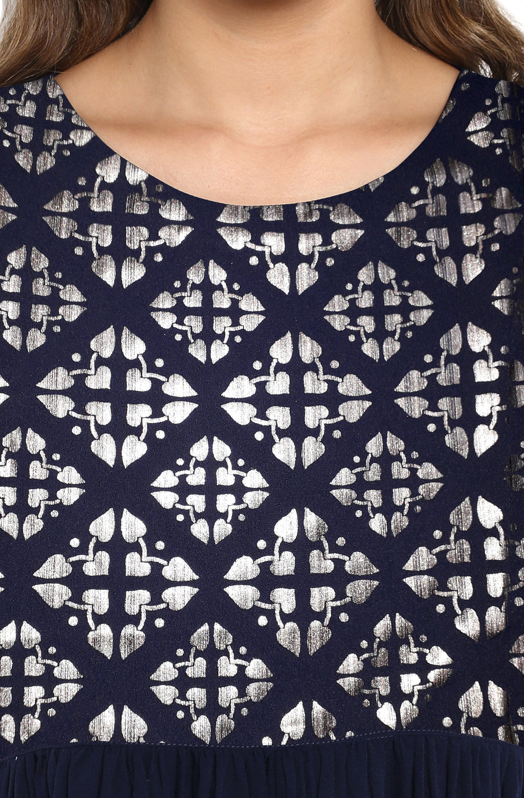 Janasya Dark Blue Poly Crepe Foil Print Flared kurta