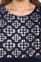 Janasya Dark Blue Poly Crepe Foil Print Flared kurta