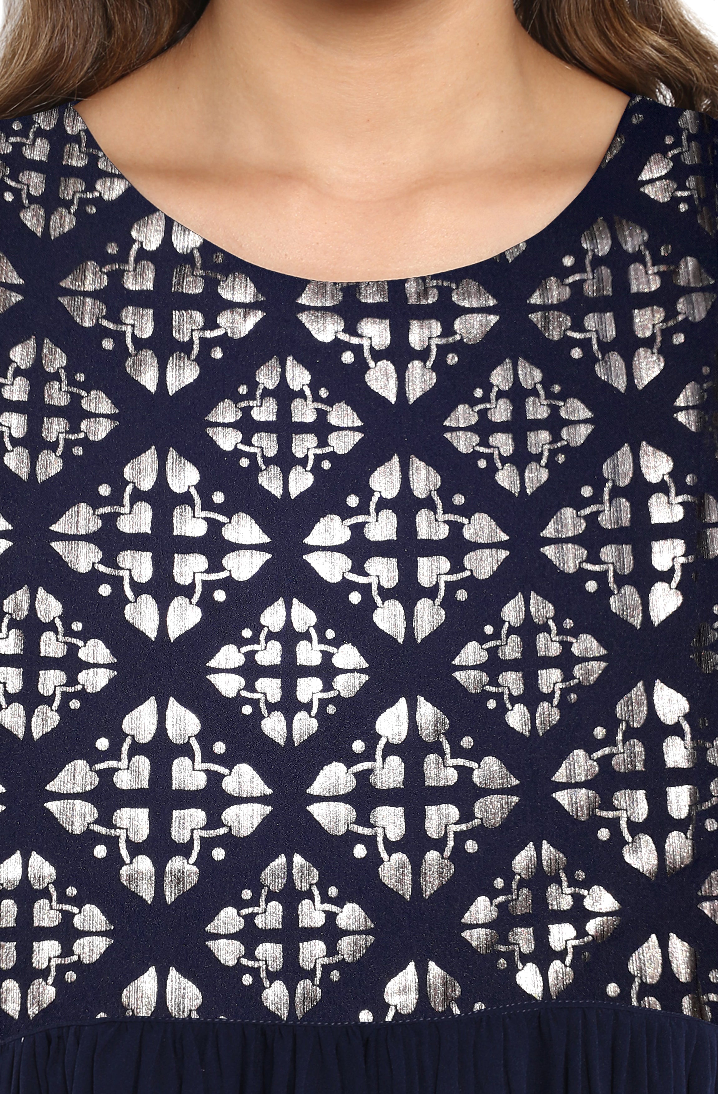 Janasya Dark Blue Poly Crepe Foil Print Flared kurta