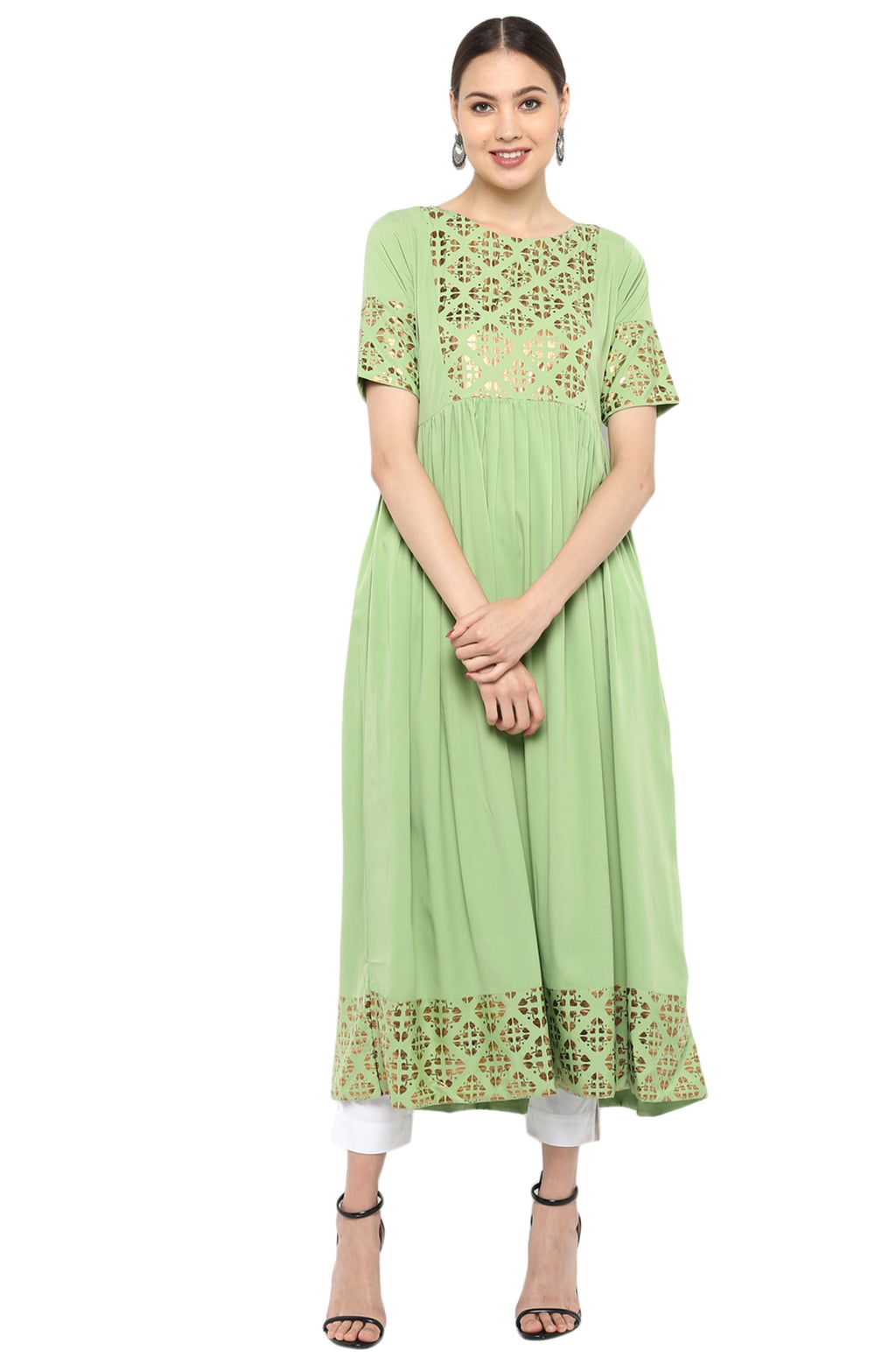 Janasya Light Green Poly Crepe Gold Print Flared kurta