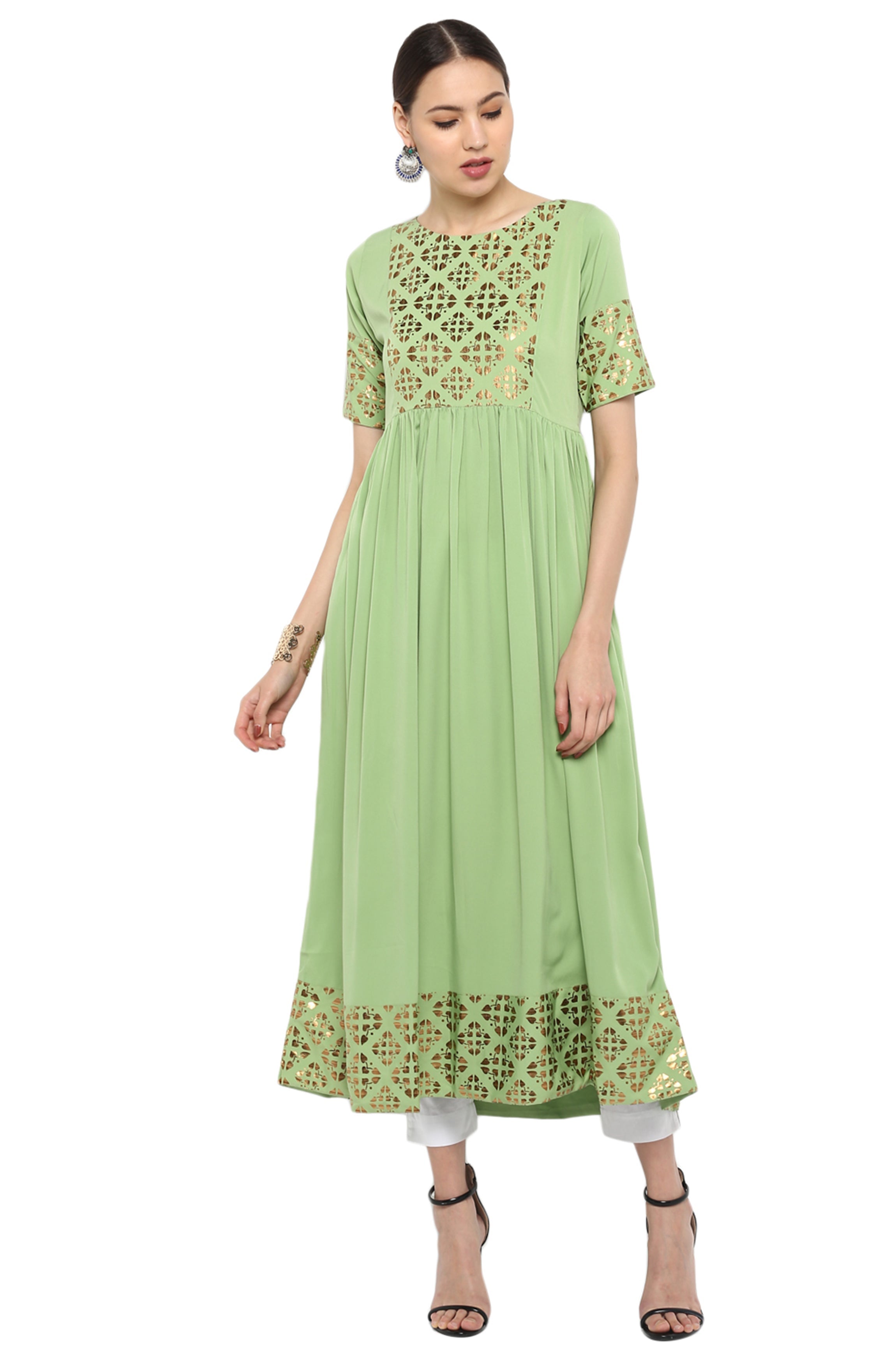 Janasya Light Green Poly Crepe Gold Print Flared kurta