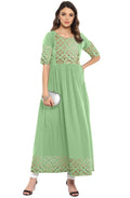 Janasya Light Green Poly Crepe Gold Print Flared kurta