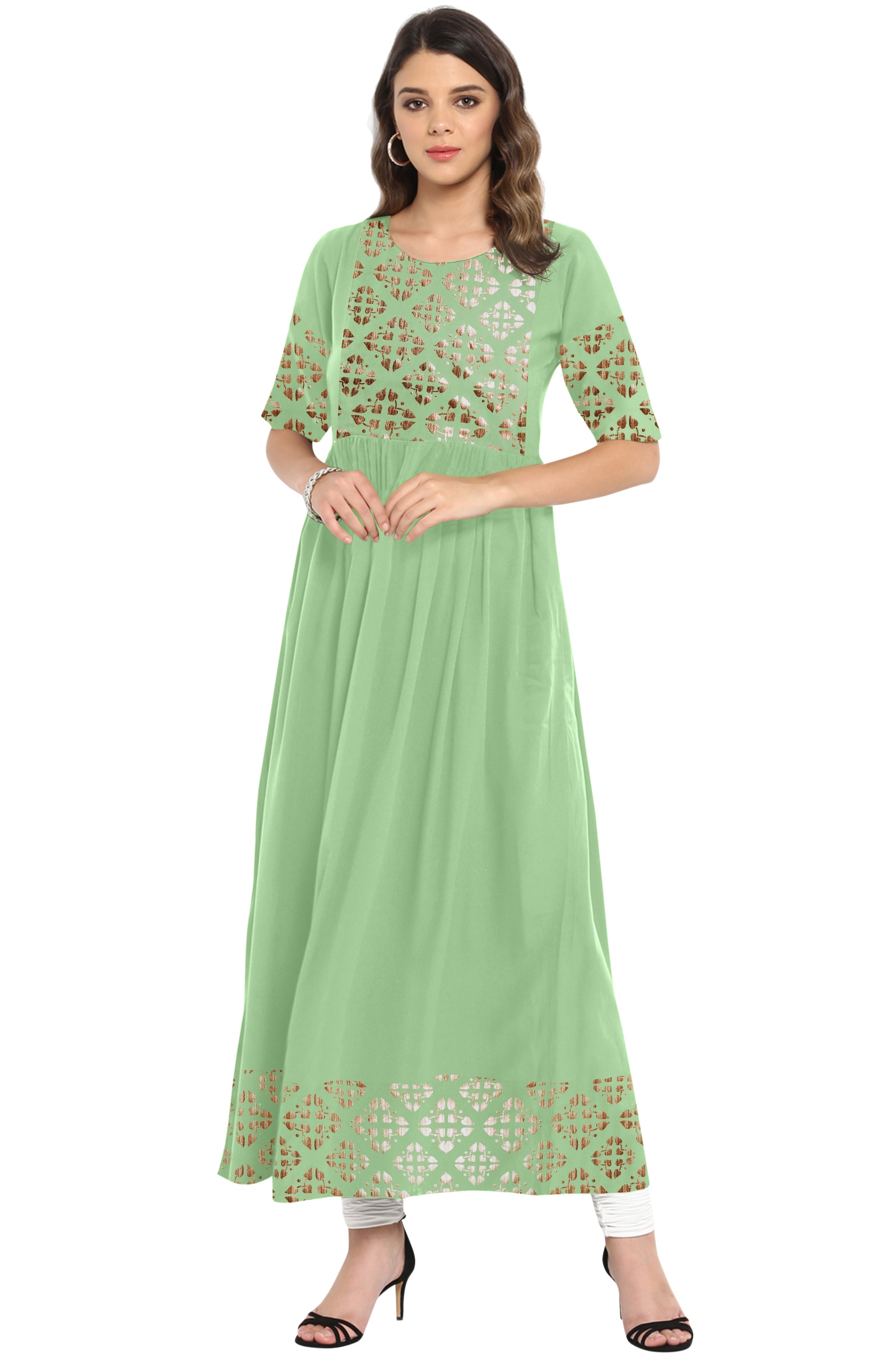 Janasya Light Green Poly Crepe Gold Print Flared kurta