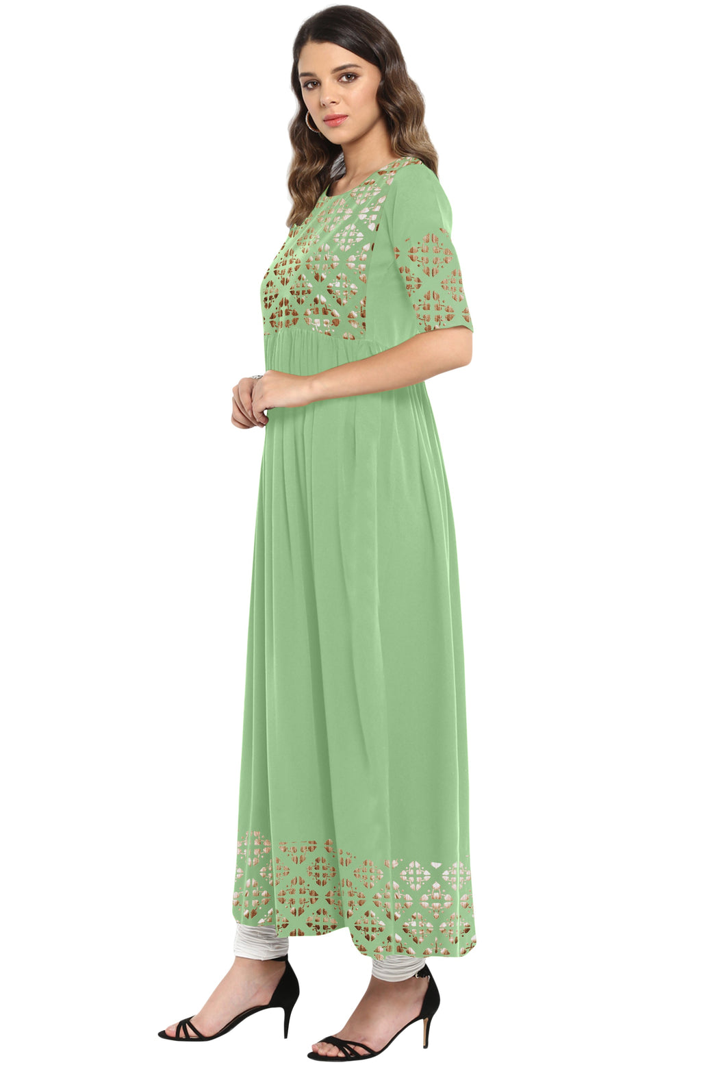 Janasya Light Green Poly Crepe Gold Print Flared kurta