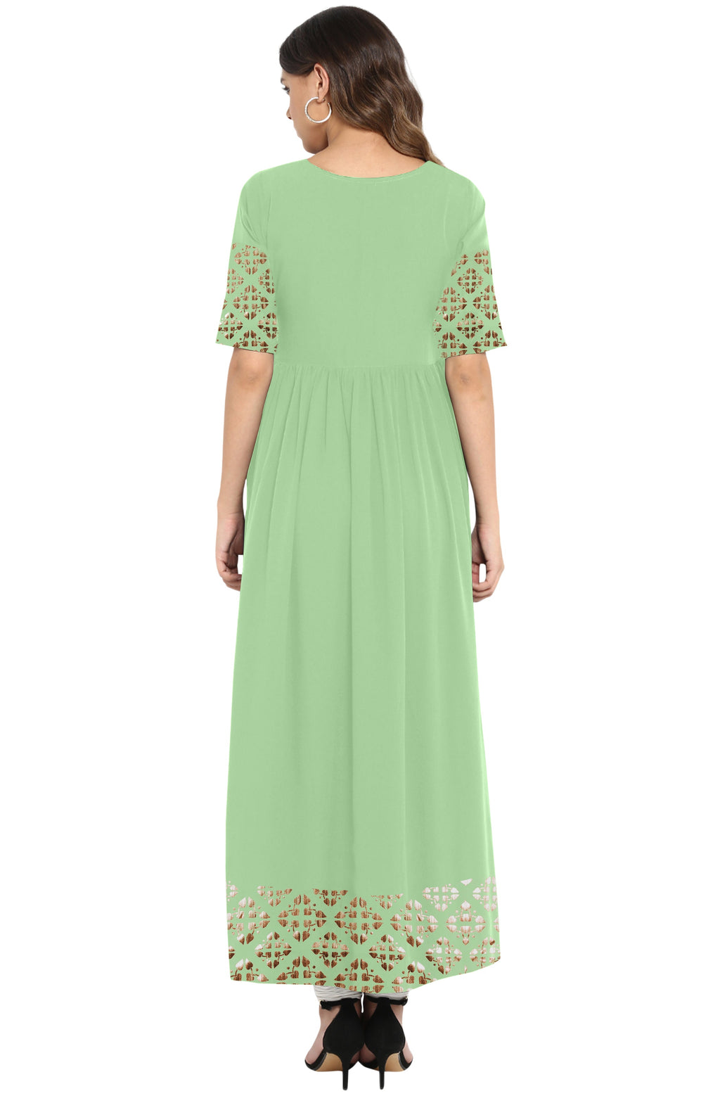 Janasya Light Green Poly Crepe Gold Print Flared kurta