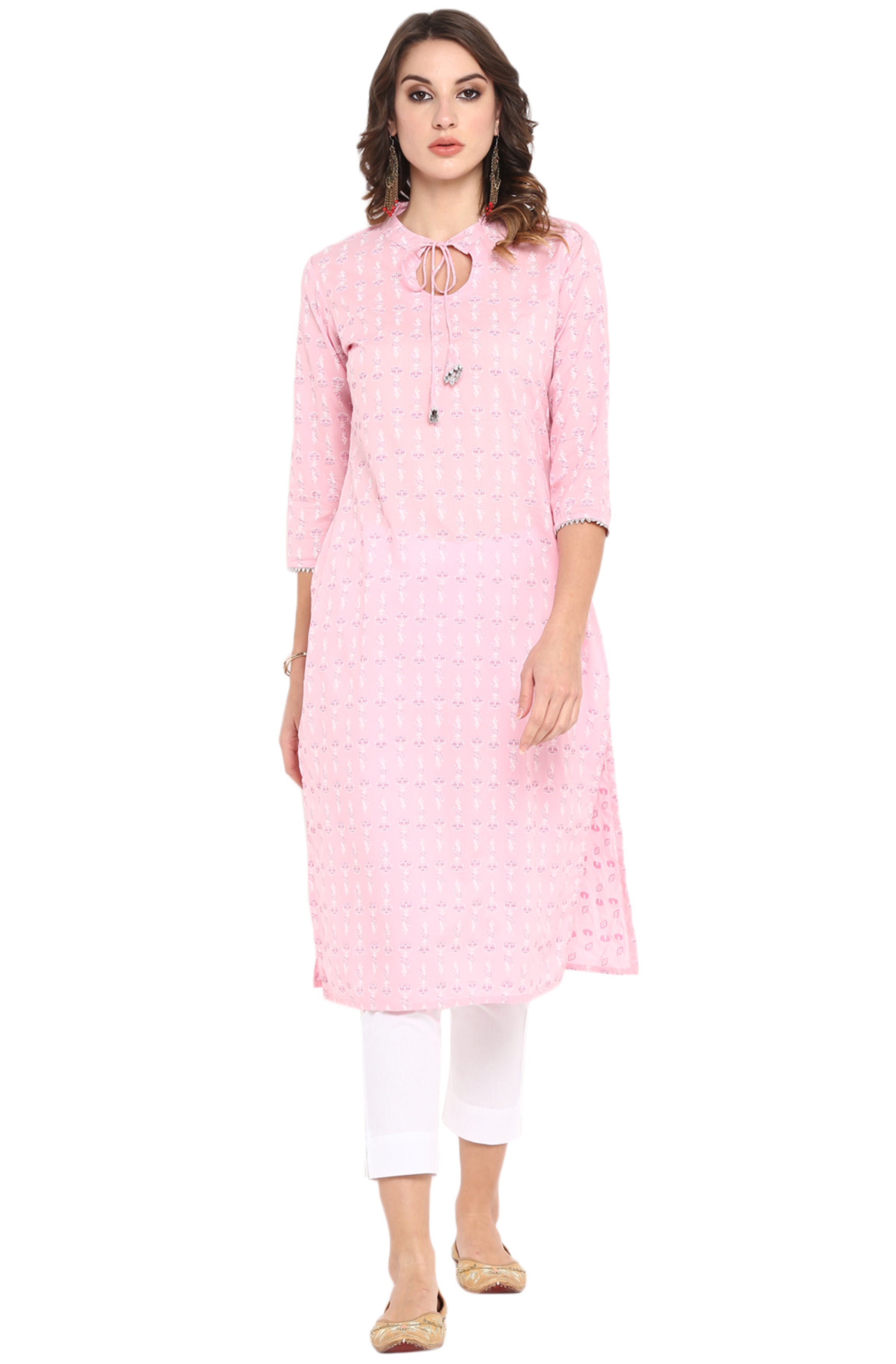 Janasya Pink Cotton Floral Print Straight kurta