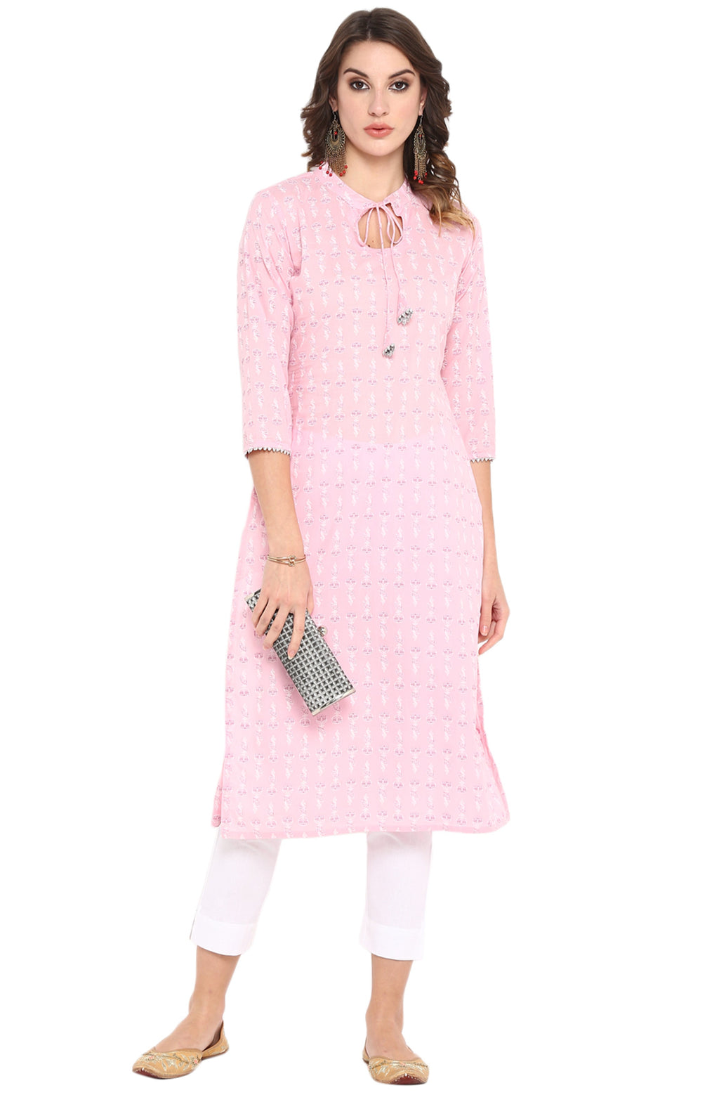 Janasya Pink Cotton Floral Print Straight kurta