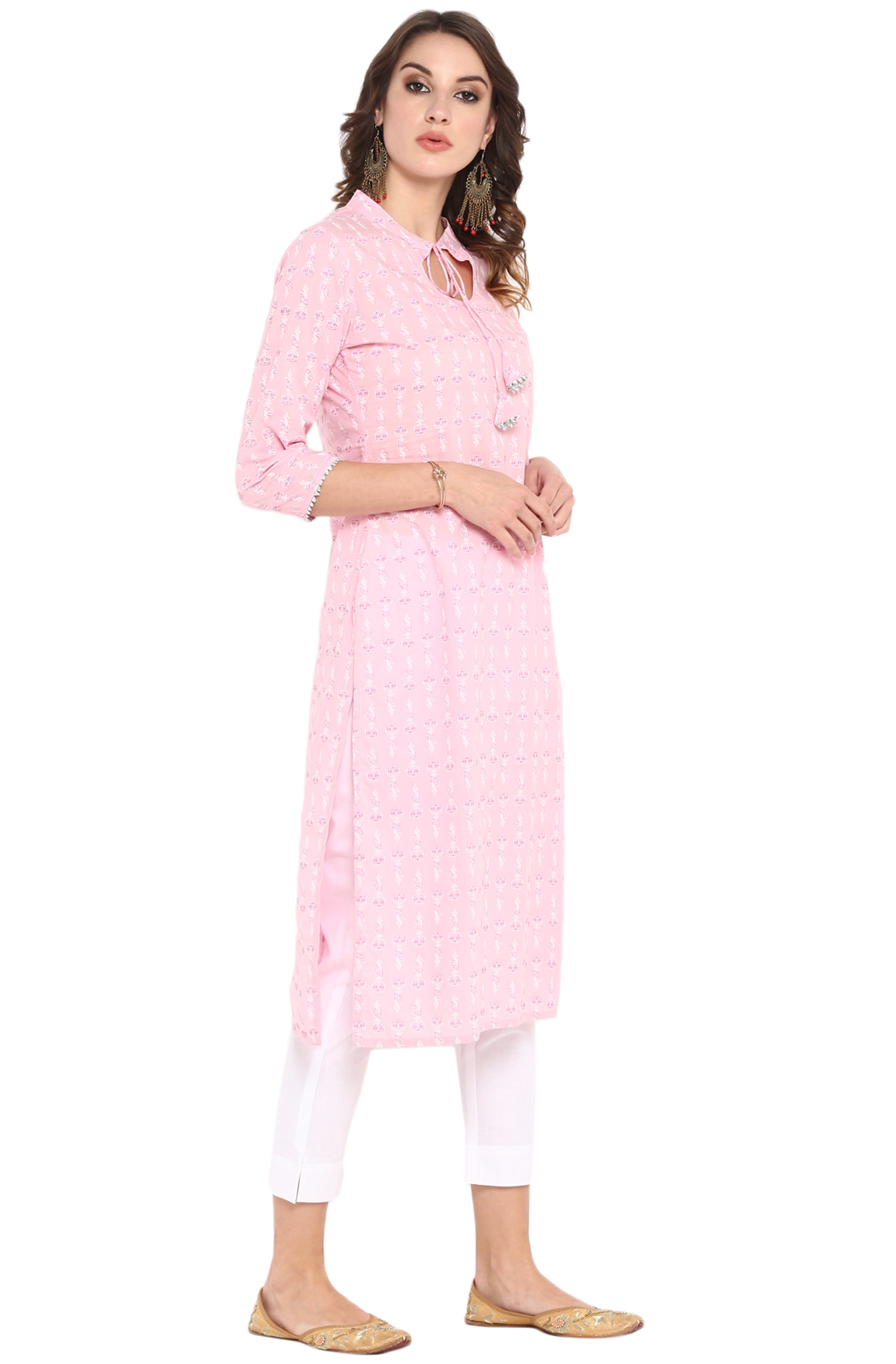Janasya Pink Cotton Floral Print Straight kurta