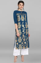 Janasya Women's Turquoise Blue Poly Crepe Gold Printed Festive & Party Straight kurta