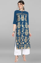 Janasya Women's Turquoise Blue Poly Crepe Gold Printed Festive & Party Straight kurta