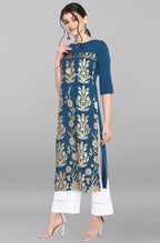 Janasya Women's Turquoise Blue Poly Crepe Gold Printed Festive & Party Straight kurta