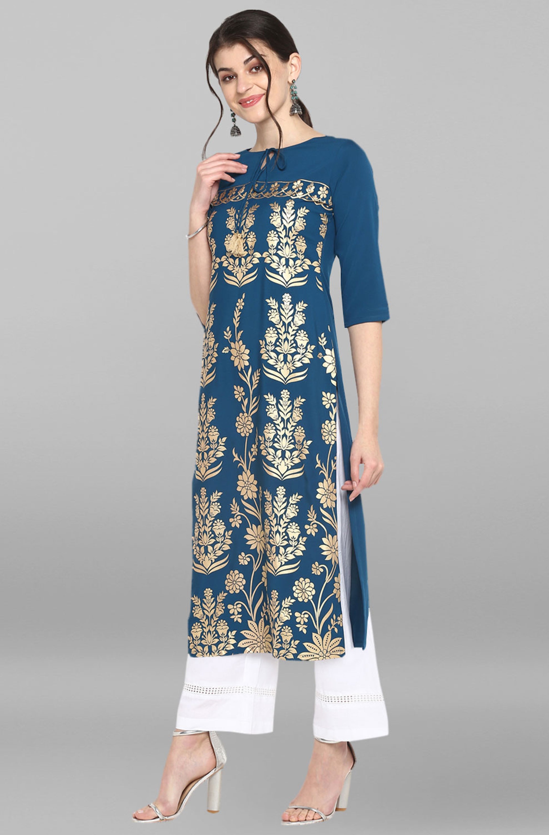Janasya Women's Turquoise Blue Poly Crepe Gold Printed Festive & Party Straight kurta