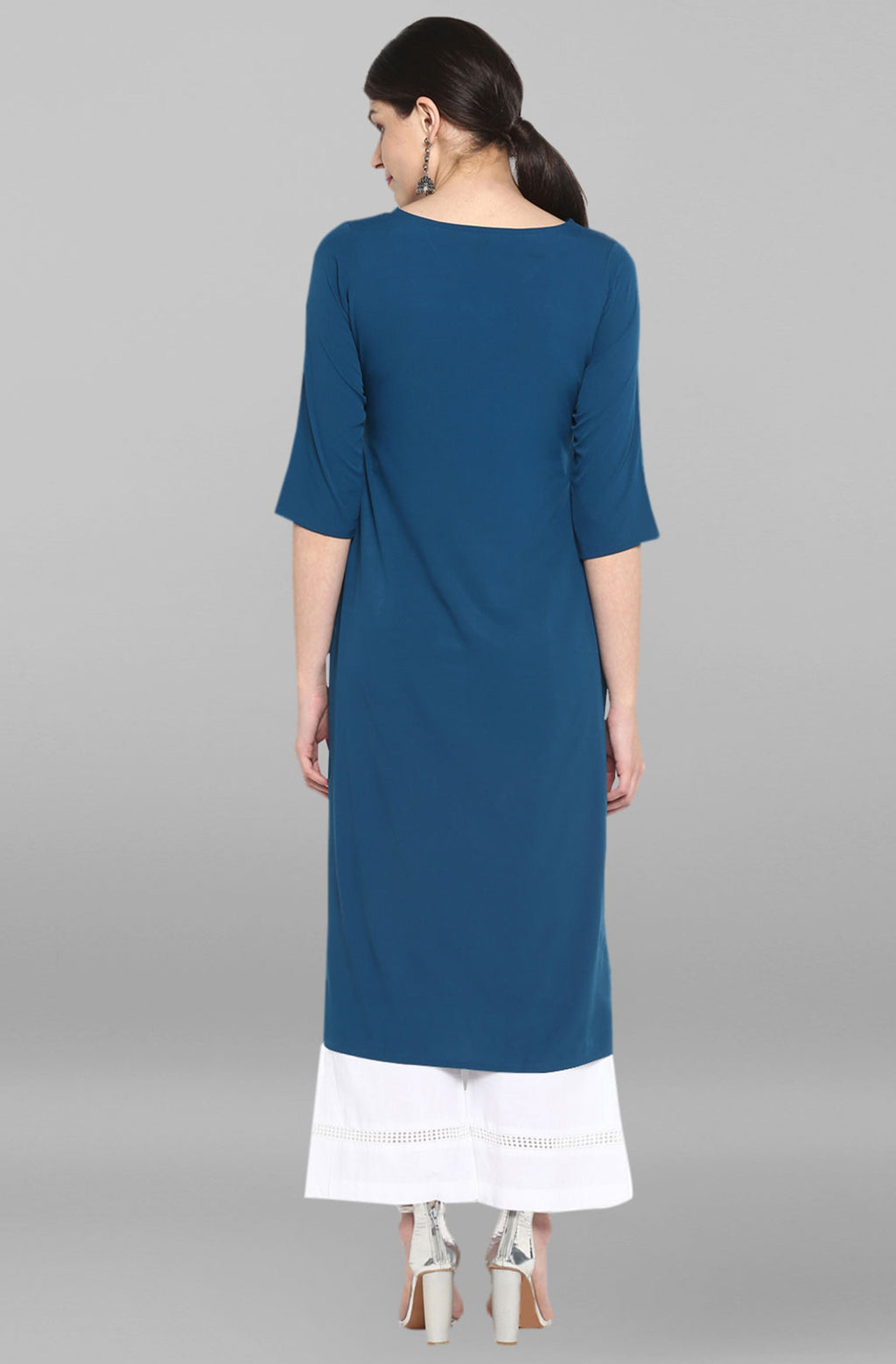 Janasya Women's Turquoise Blue Poly Crepe Gold Printed Festive & Party Straight kurta