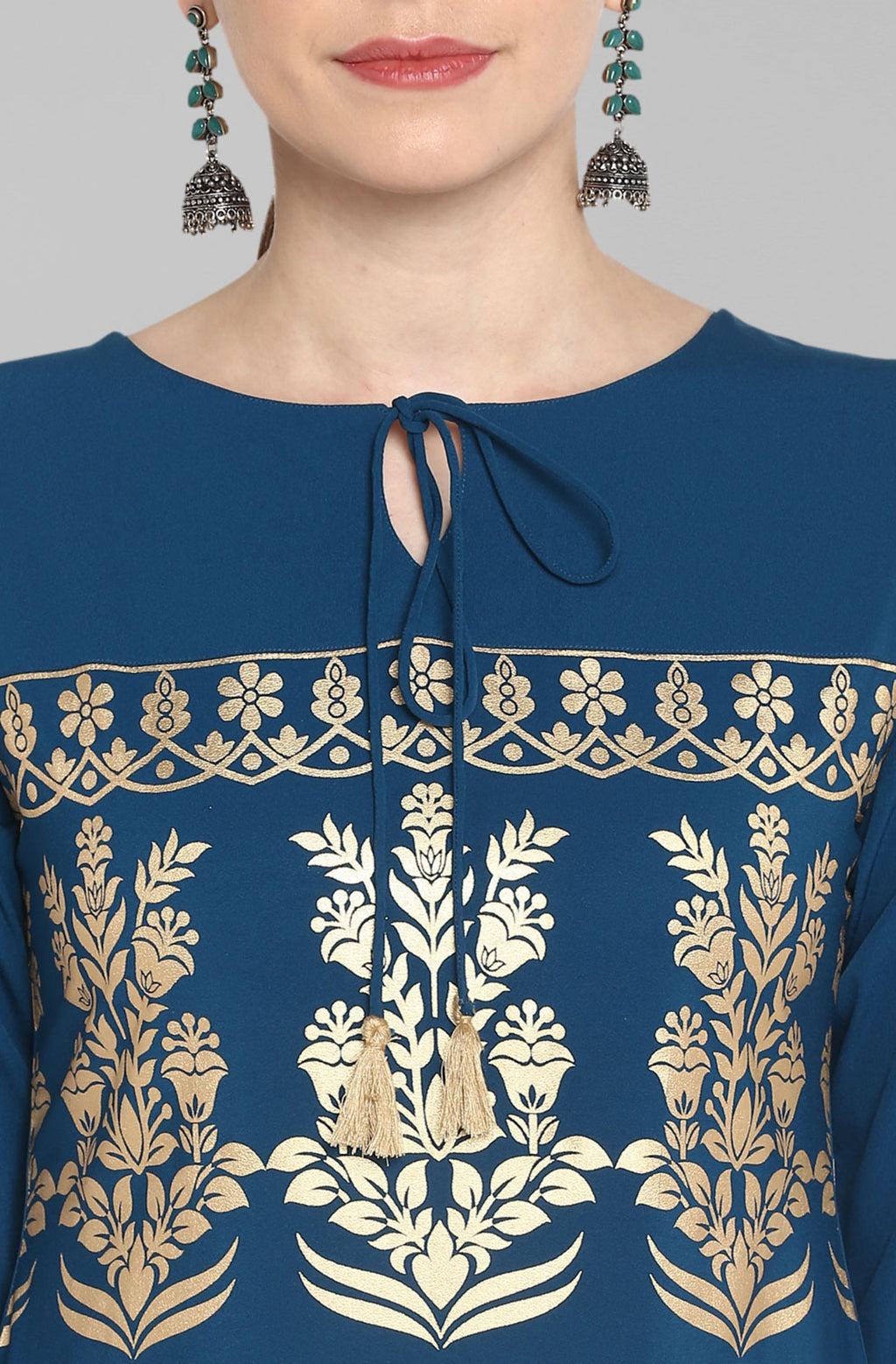 Janasya Women's Turquoise Blue Poly Crepe Gold Printed Festive & Party Straight kurta
