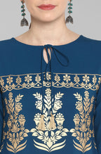 Janasya Women's Turquoise Blue Poly Crepe Gold Printed Festive & Party Straight kurta