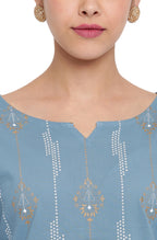 Janasya Turquoise Blue Cotton Ethnic Motifs Straight kurta