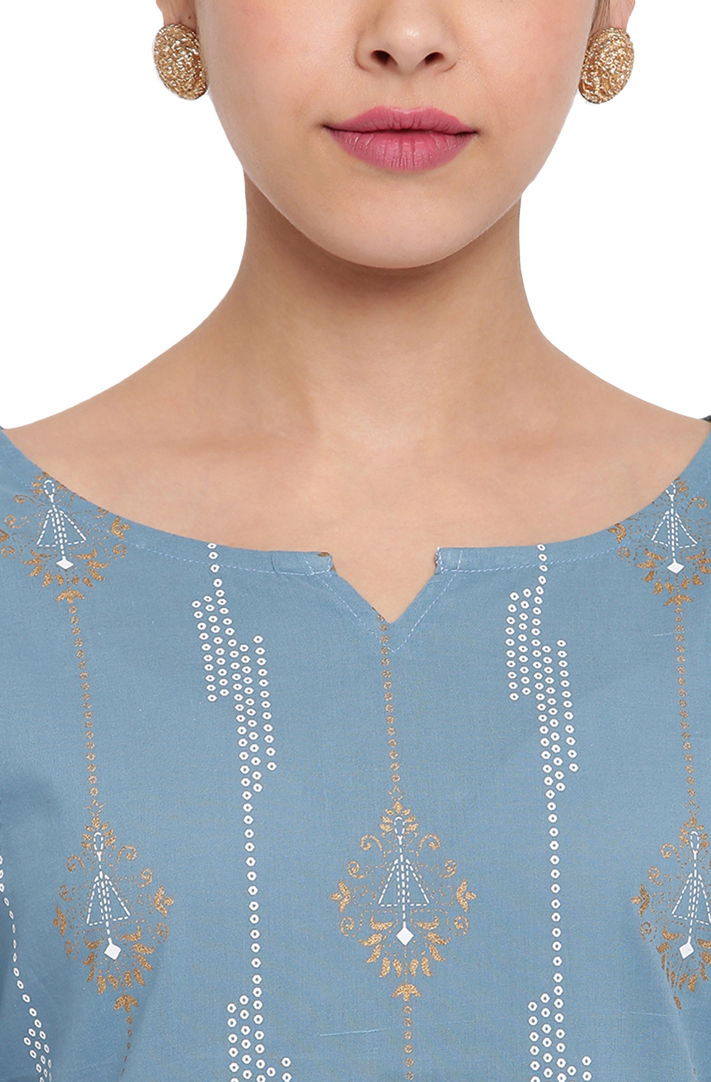 Janasya Turquoise Blue Cotton Ethnic Motifs Straight kurta