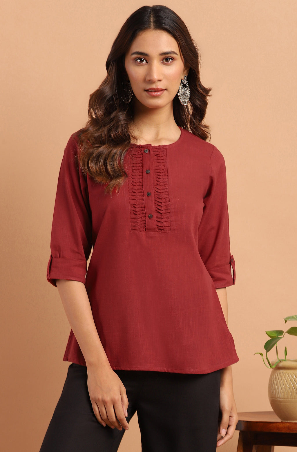 Janasya Women's Maroon Cotton Slub Solid Regular Top - Distacart