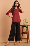 Janasya Women's Maroon Cotton Slub Solid Regular Top - Distacart