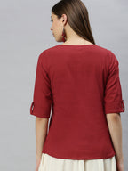 Janasya Women's Maroon Cotton Slub Solid Regular Top - Distacart