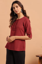 Janasya Women's Maroon Cotton Slub Solid Regular Top - Distacart