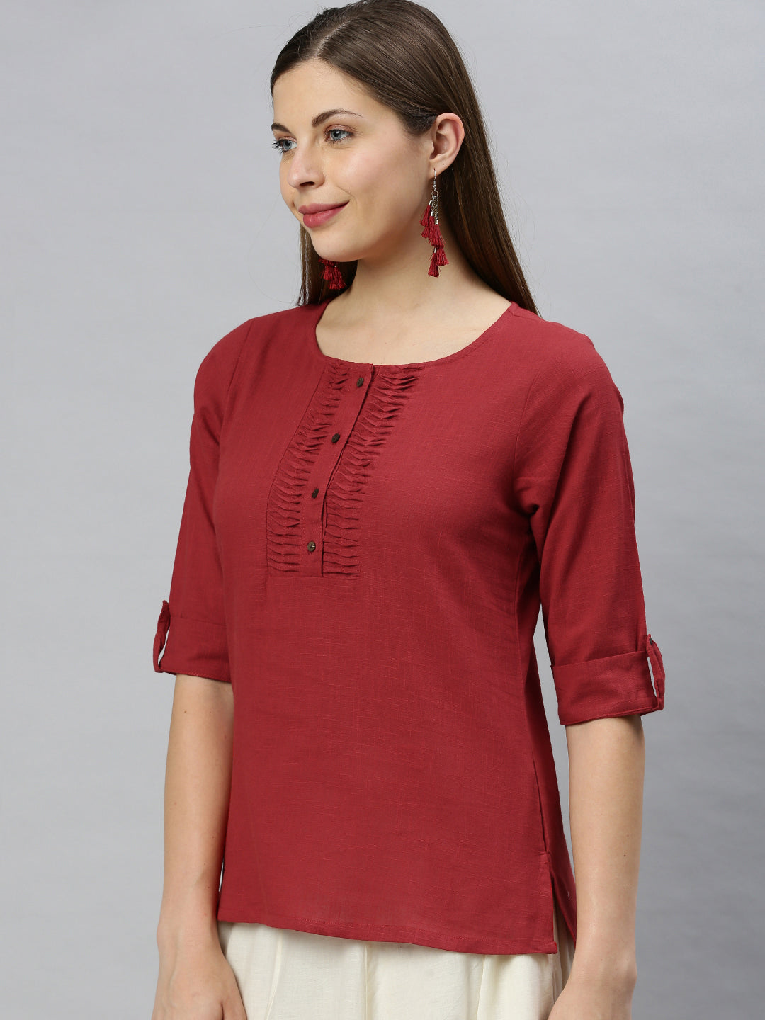 Janasya Women's Maroon Cotton Slub Solid Regular Top - Distacart
