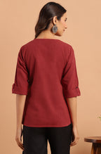 Janasya Women's Maroon Cotton Slub Solid Regular Top - Distacart