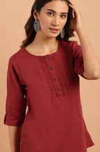 Janasya Women's Maroon Cotton Slub Solid Regular Top - Distacart