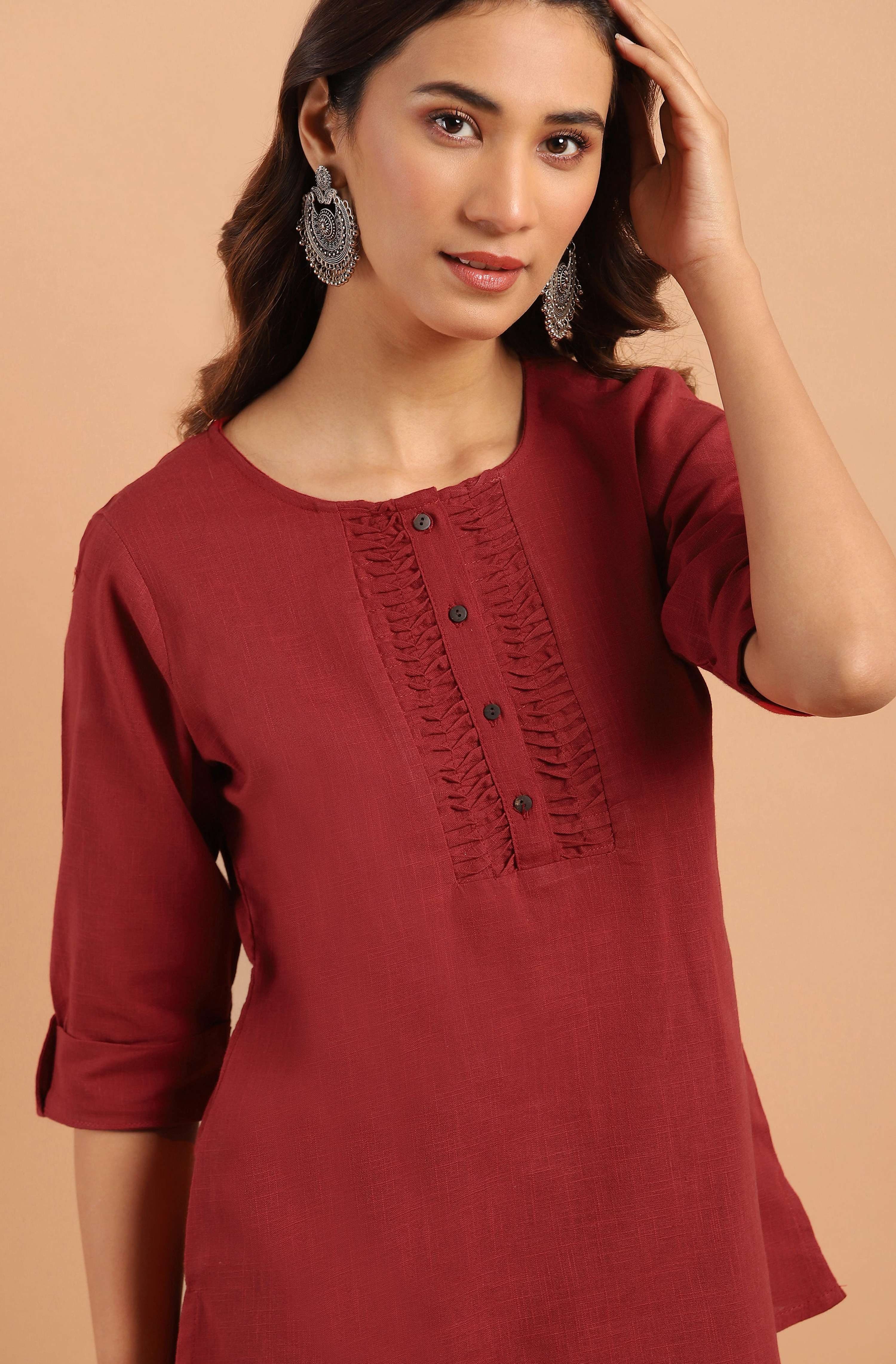 Janasya Women's Maroon Cotton Slub Solid Regular Top - Distacart