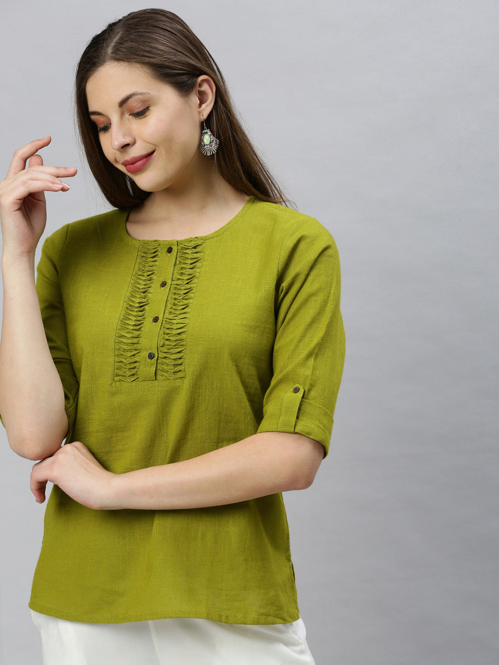 Janasya Women's Green Cotton Slub Solid Regular Top - Distacart
