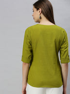 Janasya Women's Green Cotton Slub Solid Regular Top - Distacart