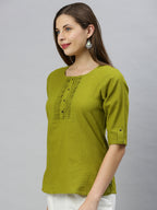 Janasya Women's Green Cotton Slub Solid Regular Top - Distacart