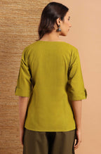 Janasya Women's Green Cotton Slub Solid Regular Top - Distacart