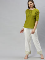 Janasya Women's Green Cotton Slub Solid Regular Top - Distacart