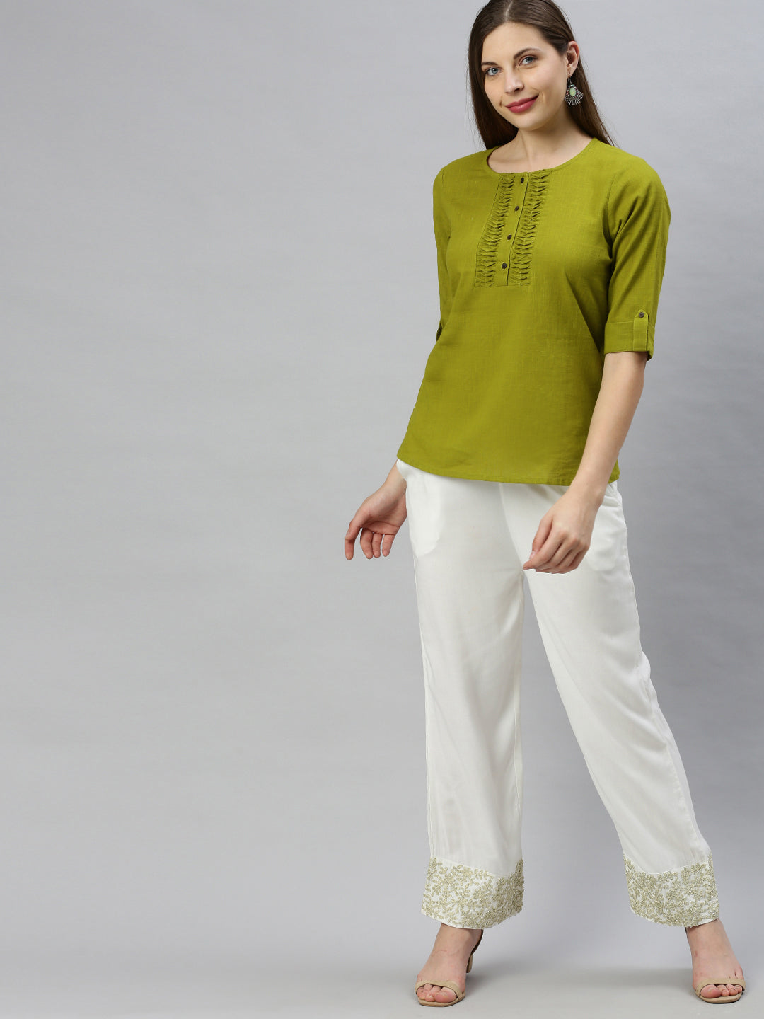 Janasya Women's Green Cotton Slub Solid Regular Top - Distacart