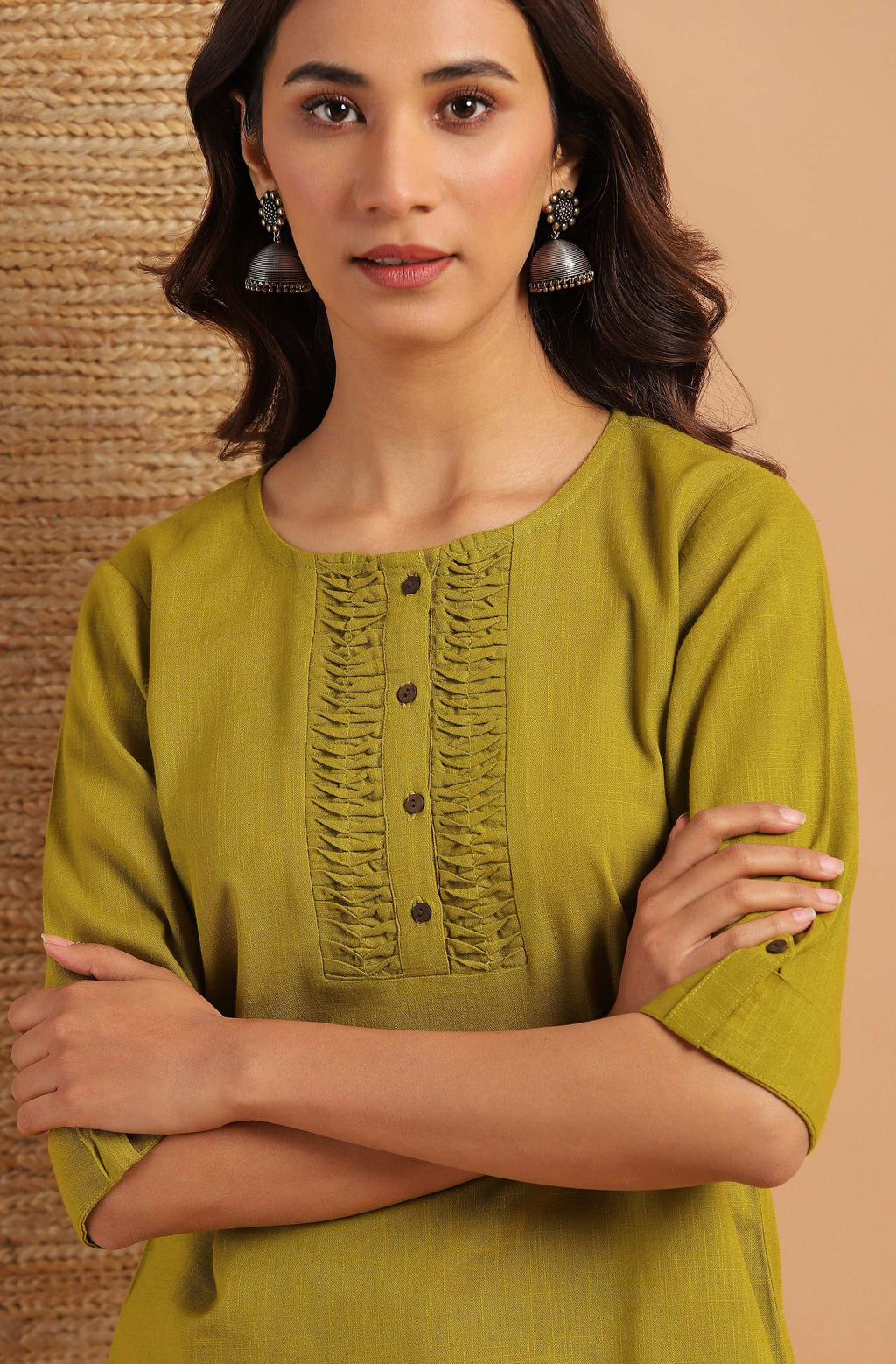 Janasya Women's Green Cotton Slub Solid Regular Top - Distacart