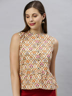 Janasya Women's Cream Cotton Floral Print Designer Back Top - Distacart