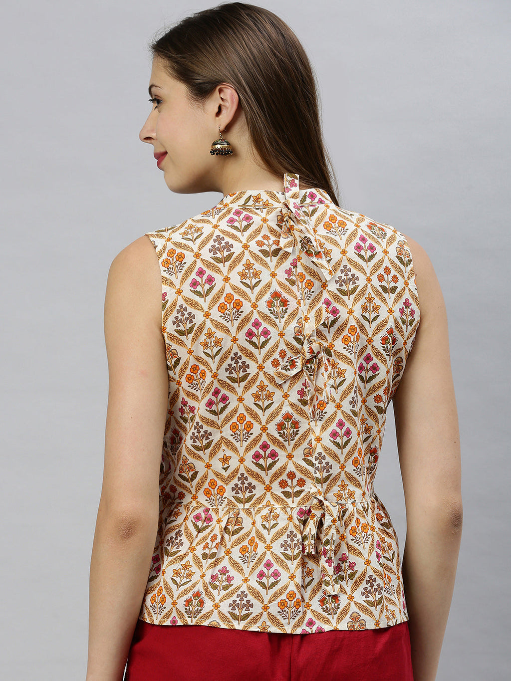 Janasya Women's Cream Cotton Floral Print Designer Back Top - Distacart
