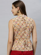 Janasya Women's Cream Cotton Floral Print Designer Back Top - Distacart