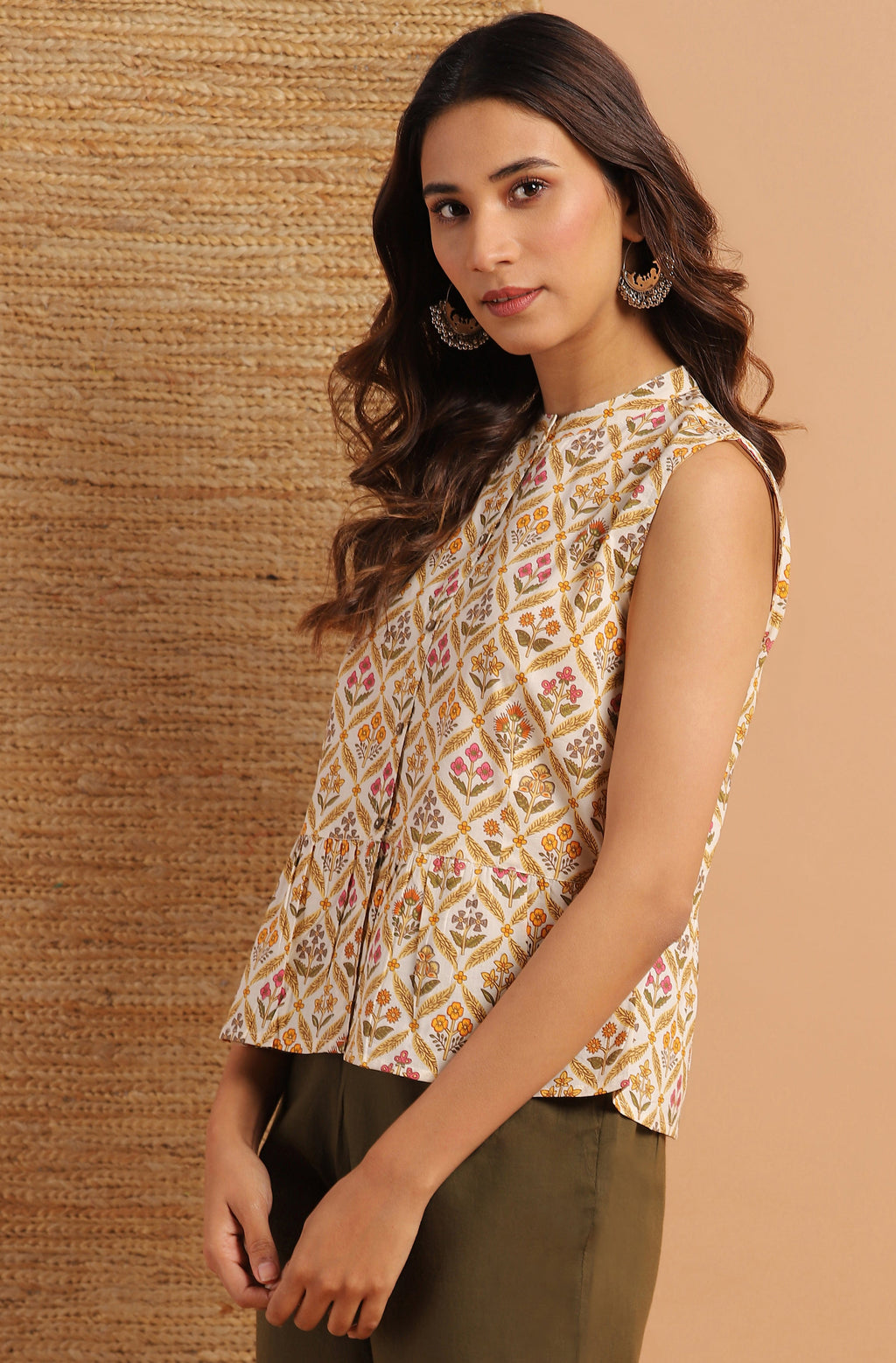Janasya Women's Cream Cotton Floral Print Designer Back Top - Distacart
