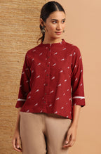 Janasya Women's Maroon Cotton Slub Animal Print Shirt Style Top - Distacart