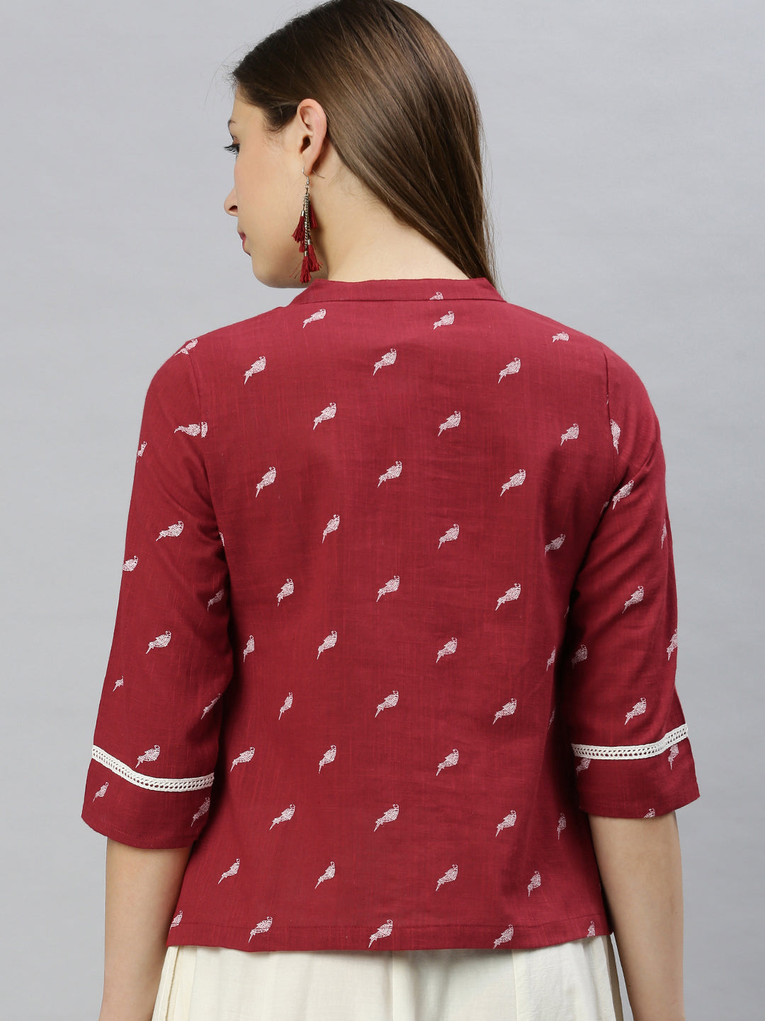 Janasya Women's Maroon Cotton Slub Animal Print Shirt Style Top - Distacart