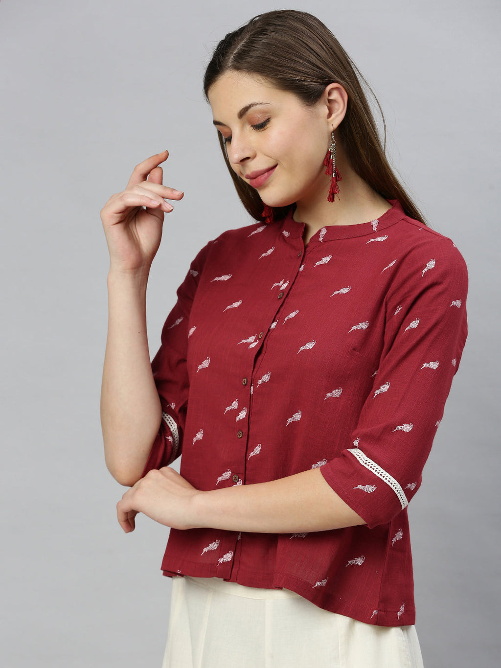 Janasya Women's Maroon Cotton Slub Animal Print Shirt Style Top - Distacart