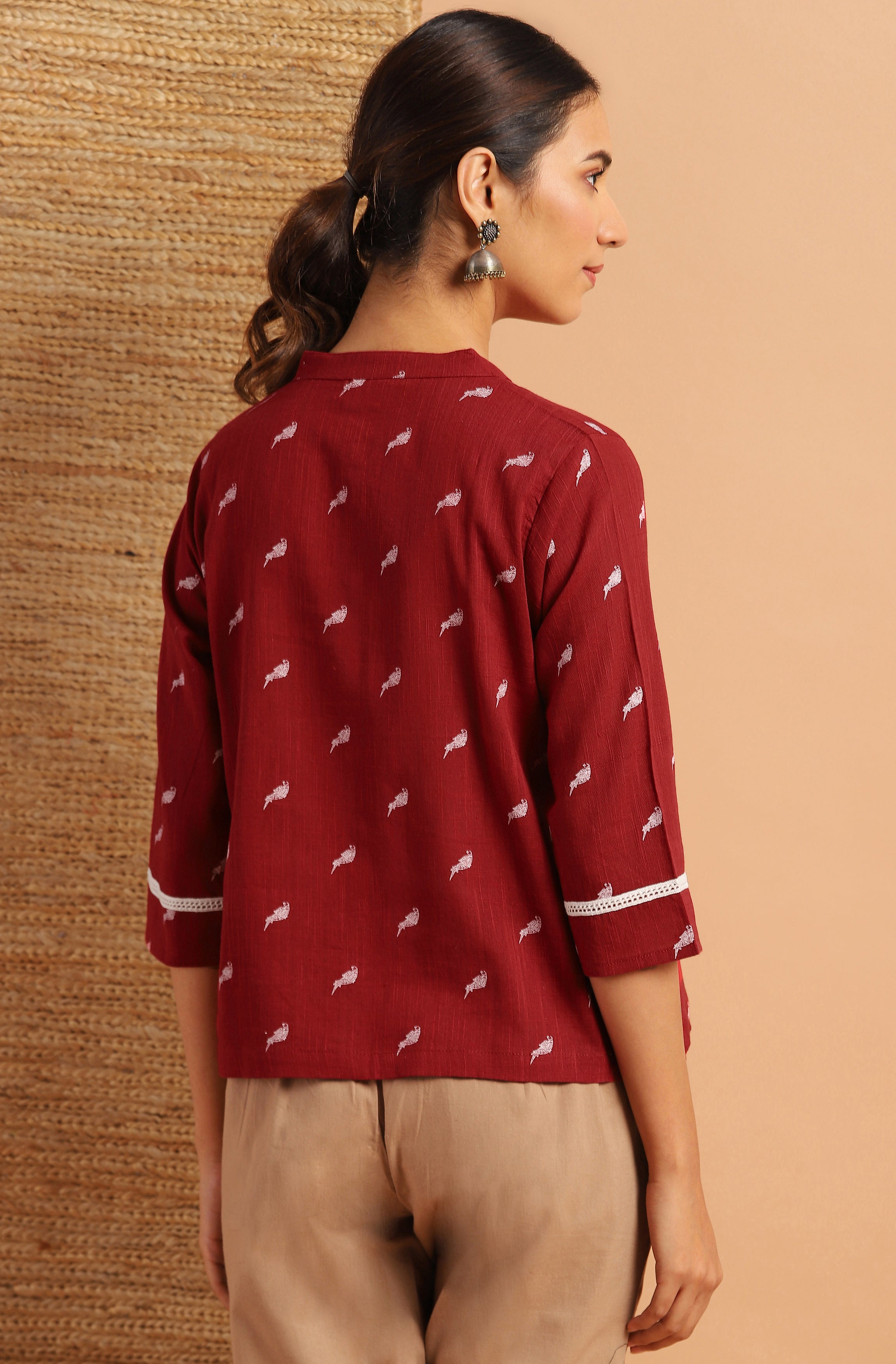 Janasya Women's Maroon Cotton Slub Animal Print Shirt Style Top - Distacart