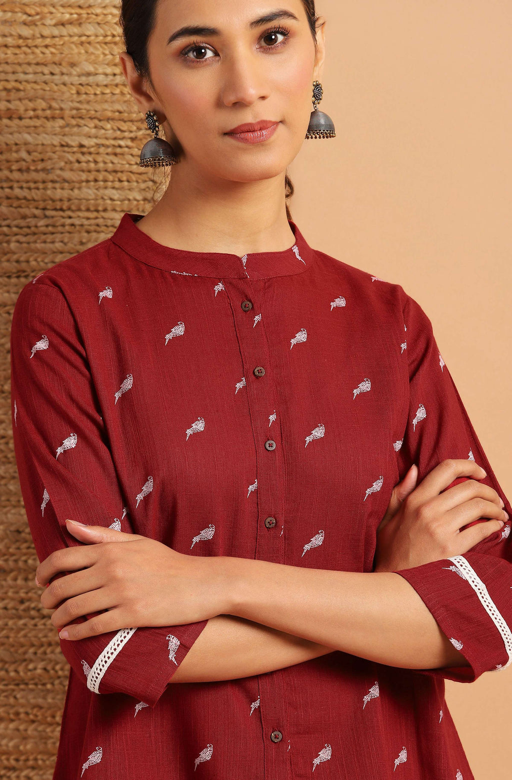 Janasya Women's Maroon Cotton Slub Animal Print Shirt Style Top - Distacart