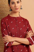 Janasya Women's Maroon Cotton Slub Animal Print Shirt Style Top - Distacart