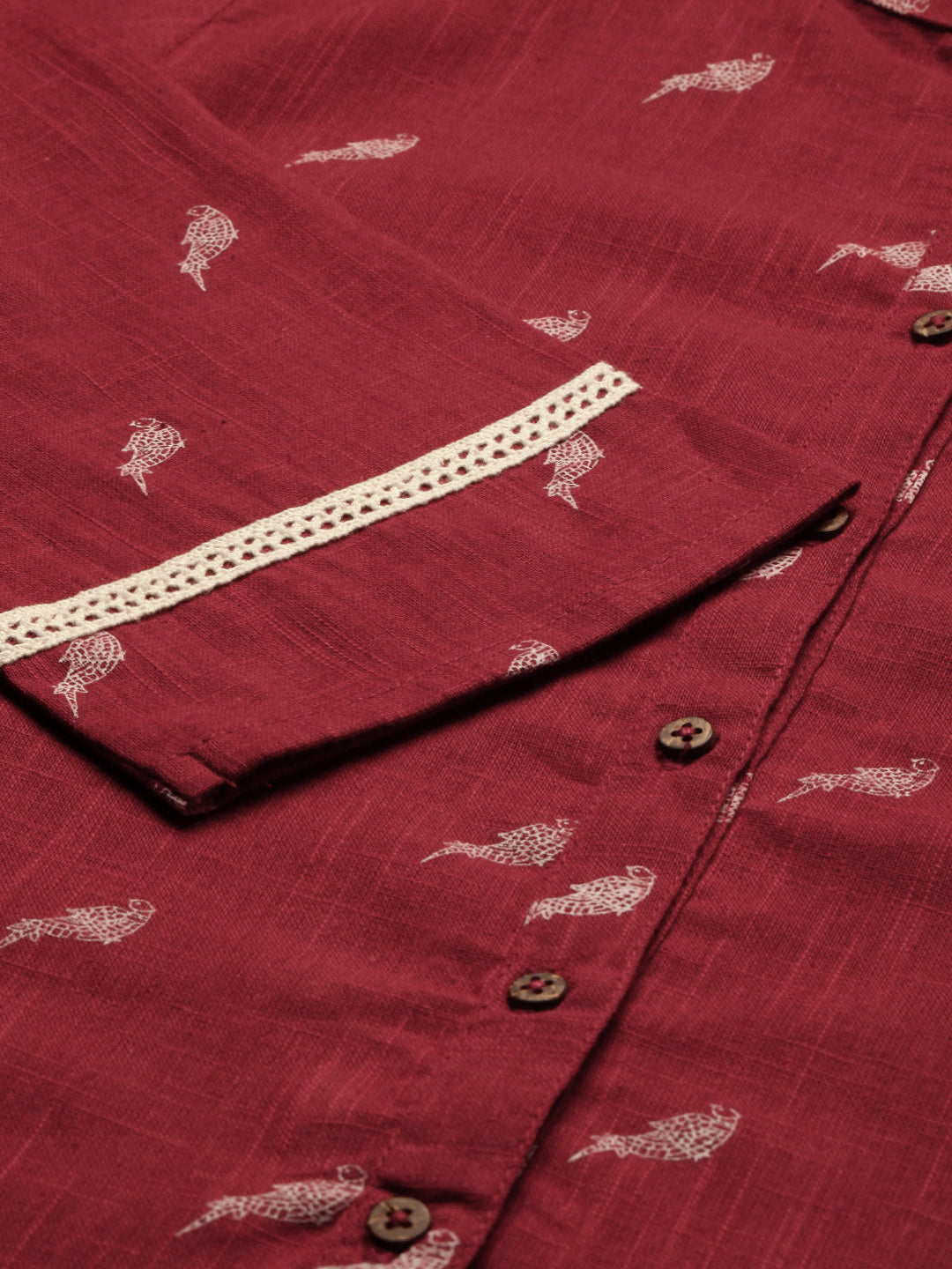 Janasya Women's Maroon Cotton Slub Animal Print Shirt Style Top - Distacart